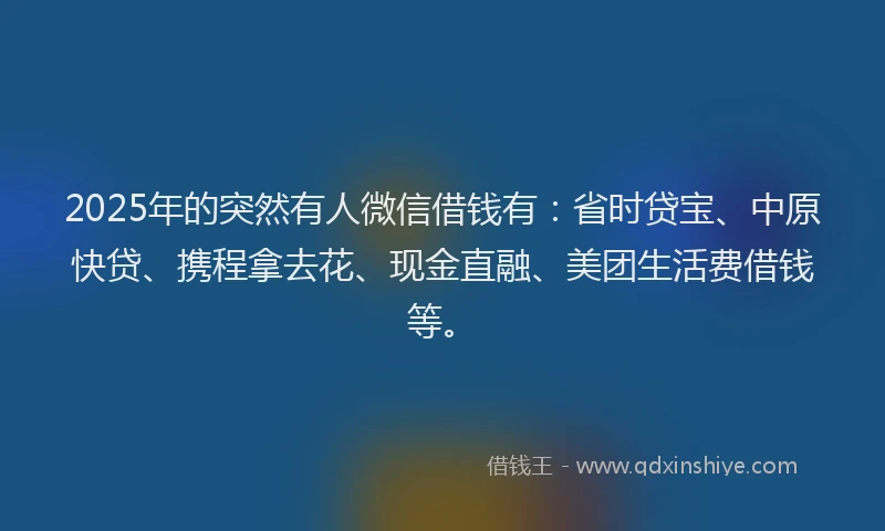 2025年的突然有人微信借钱有：省时贷宝、中原快贷、携程拿去花、现金直融、美团生活费借钱等。