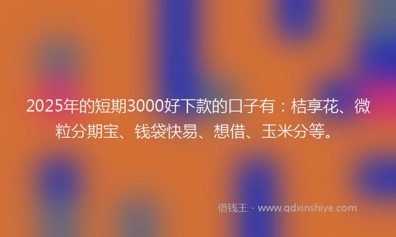 2025年的短期3000好下款的口子有：桔享花、微粒分期宝、钱袋快易、想借、玉米分等。