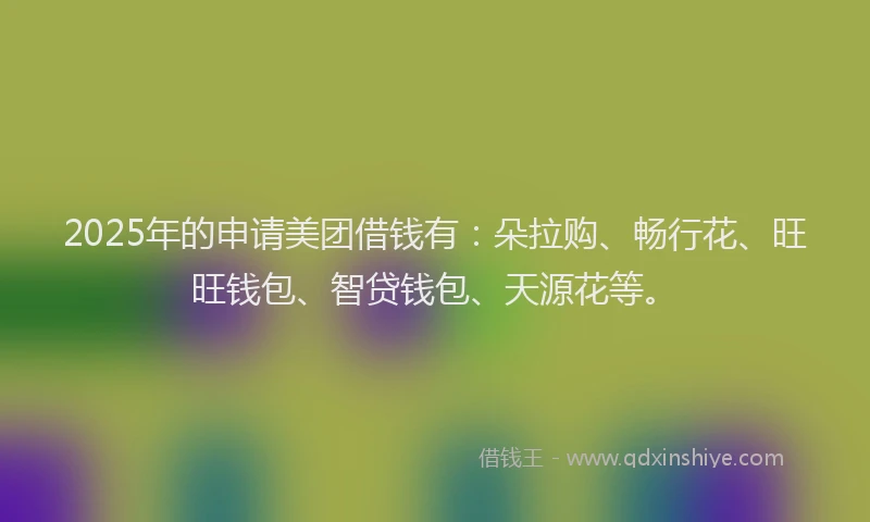 2025年的申请美团借钱有：朵拉购、畅行花、旺旺钱包、智贷钱包、天源花等。