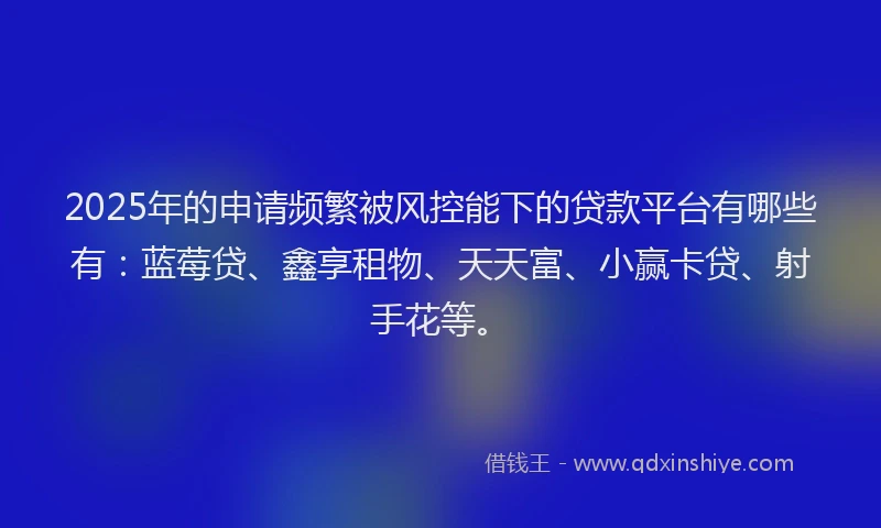 2025年的申请频繁被风控能下的贷款平台有哪些有：蓝莓贷、鑫享租物、天天富、小赢卡贷、射手花等。