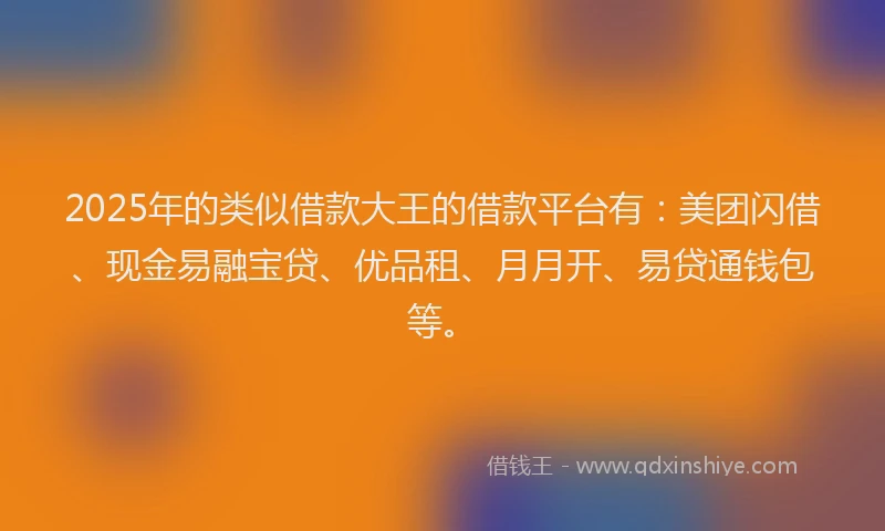 2025年的类似借款大王的借款平台有：美团闪借、现金易融宝贷、优品租、月月开、易贷通钱包等。