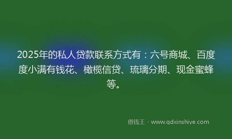 2025年的私人贷款联系方式有：六号商城、百度度小满有钱花、橄榄信贷、琉璃分期、现金蜜蜂等。