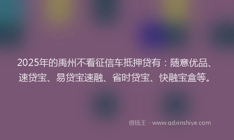 2025年的禹州不看征信车抵押贷有：随意优品、速贷宝、易贷宝速融、省时贷宝、快融宝盒等。