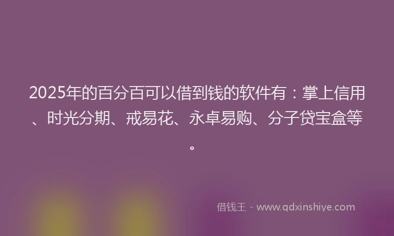 2025年的百分百可以借到钱的软件有：掌上信用、时光分期、戒易花、永卓易购、分子贷宝盒等。