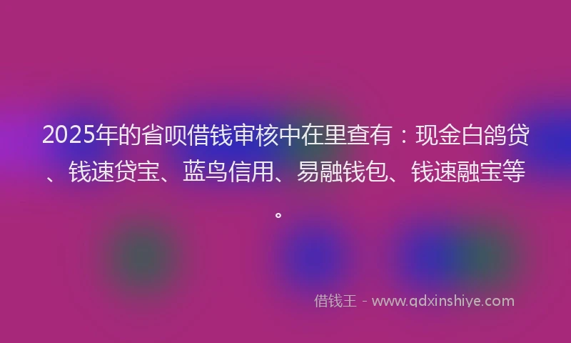 2025年的省呗借钱审核中在里查有：现金白鸽贷、钱速贷宝、蓝鸟信用、易融钱包、钱速融宝等。