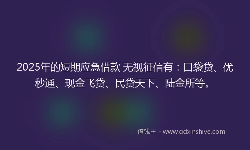 2025年的短期应急借款 无视征信有：口袋贷、优秒通、现金飞贷、民贷天下、陆金所等。