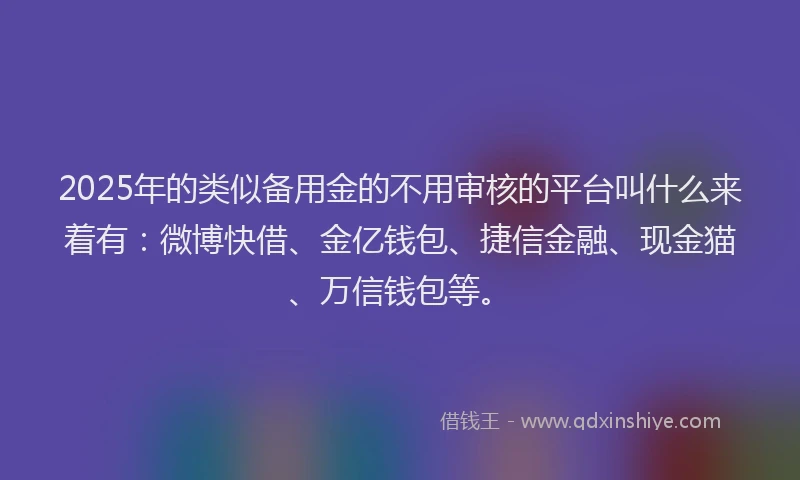 2025年的类似备用金的不用审核的平台叫什么来着有：微博快借、金亿钱包、捷信金融、现金猫、万信钱包等。