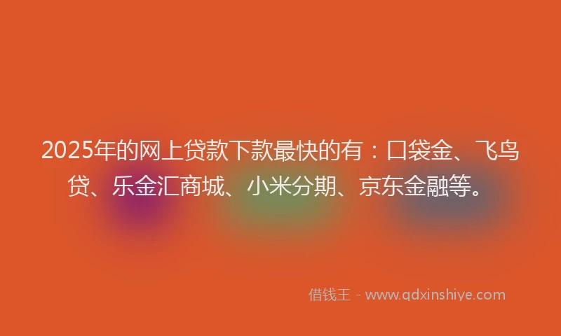 2025年的网上贷款下款最快的有：口袋金、飞鸟贷、乐金汇商城、小米分期、京东金融等。