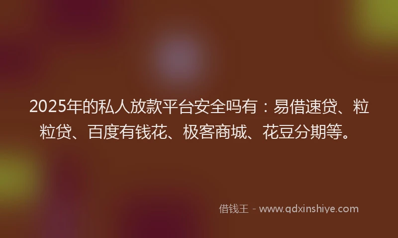 2025年的私人放款平台安全吗有：易借速贷、粒粒贷、百度有钱花、极客商城、花豆分期等。
