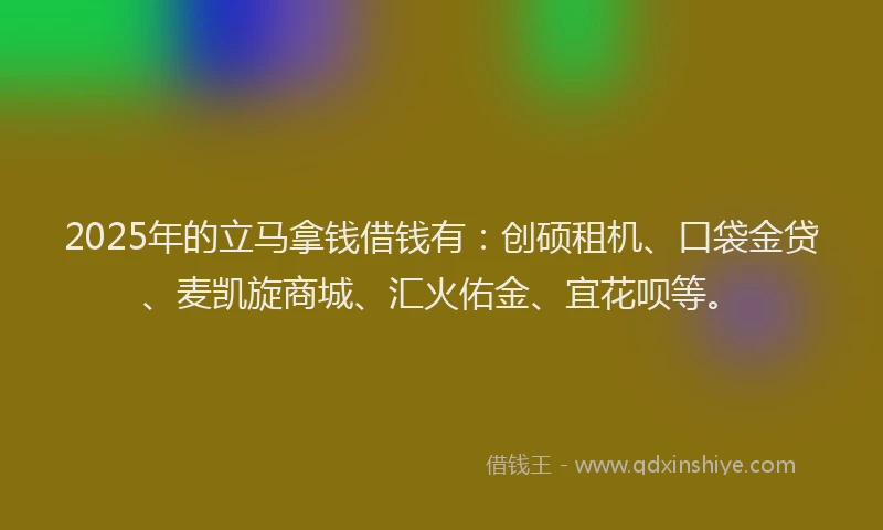 2025年的立马拿钱借钱有：创硕租机、口袋金贷、麦凯旋商城、汇火佑金、宜花呗等。