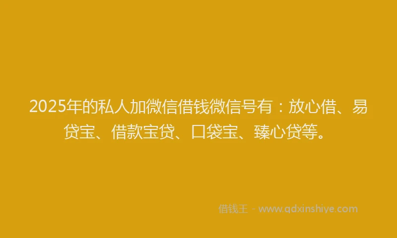 2025年的私人加微信借钱微信号有：放心借、易贷宝、借款宝贷、口袋宝、臻心贷等。