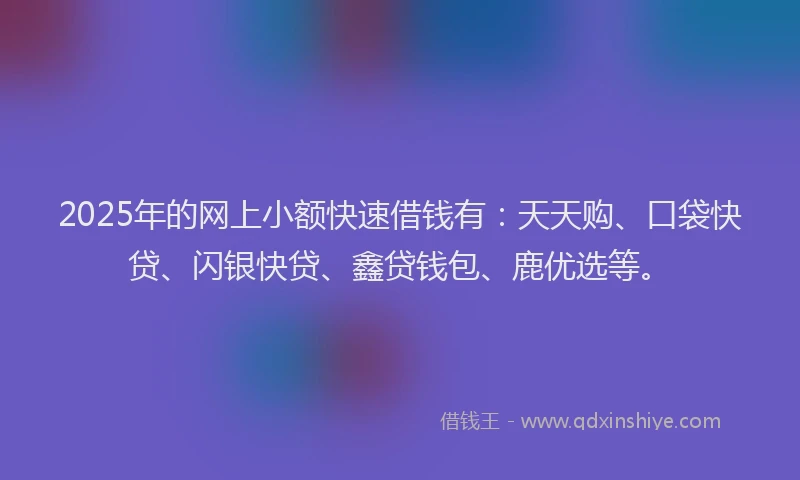 2025年的网上小额快速借钱有：天天购、口袋快贷、闪银快贷、鑫贷钱包、鹿优选等。
