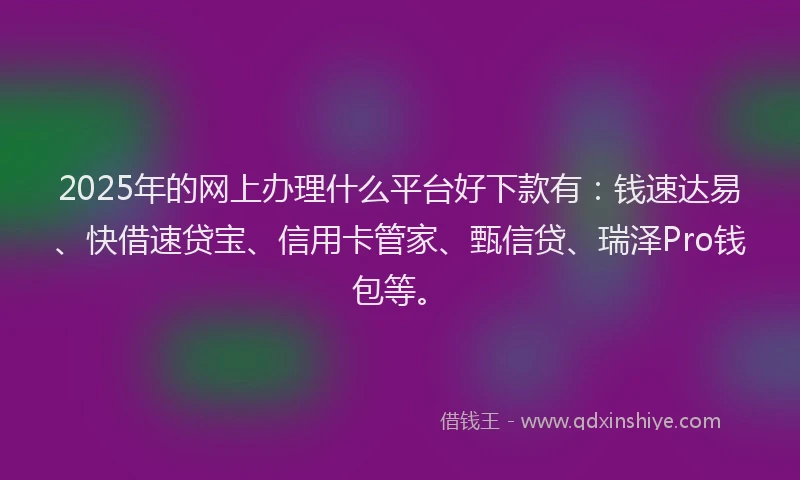 2025年的网上办理什么平台好下款有：钱速达易、快借速贷宝、信用卡管家、甄信贷、瑞泽Pro钱包等。