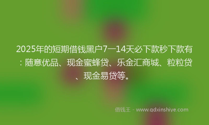 2025年的短期借钱黑户7一14天必下款秒下款有：随意优品、现金蜜蜂贷、乐金汇商城、粒粒贷、现金易贷等。