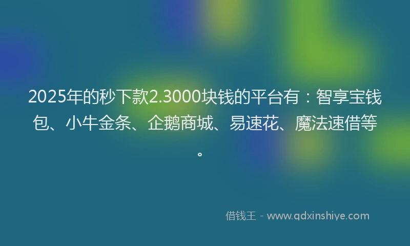 2025年的秒下款2.3000块钱的平台有：智享宝钱包、小牛金条、企鹅商城、易速花、魔法速借等。