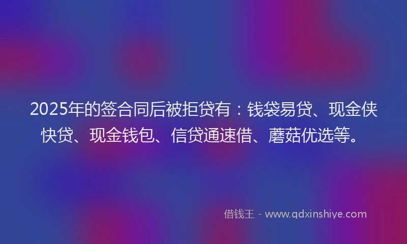 2025年的签合同后被拒贷有：钱袋易贷、现金侠快贷、现金钱包、信贷通速借、蘑菇优选等。