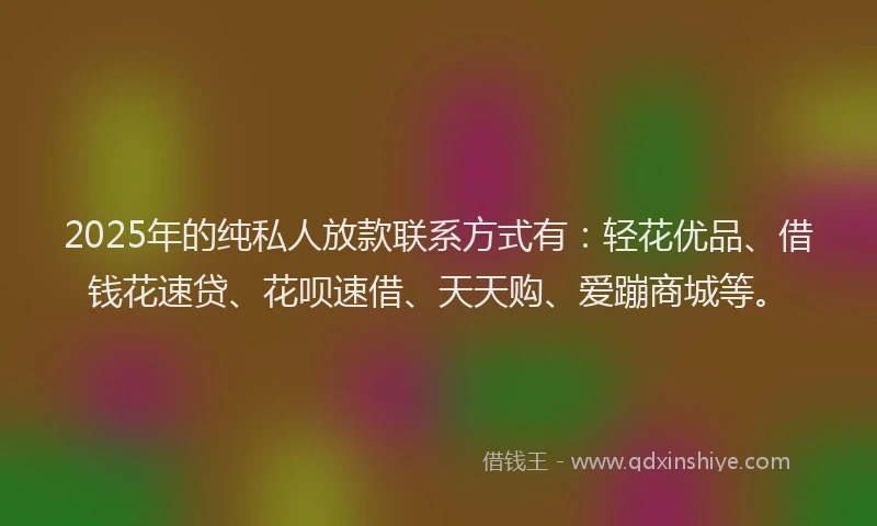 2025年的纯私人放款联系方式有：轻花优品、借钱花速贷、花呗速借、天天购、爱蹦商城等。