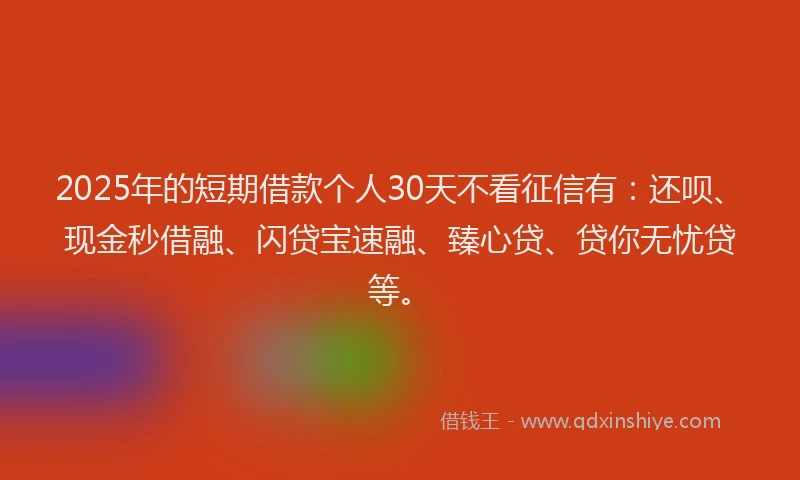 2025年的短期借款个人30天不看征信有：还呗、现金秒借融、闪贷宝速融、臻心贷、贷你无忧贷等。