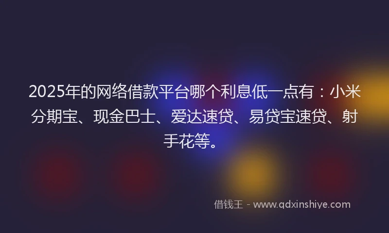 2025年的网络借款平台哪个利息低一点有：小米分期宝、现金巴士、爱达速贷、易贷宝速贷、射手花等。