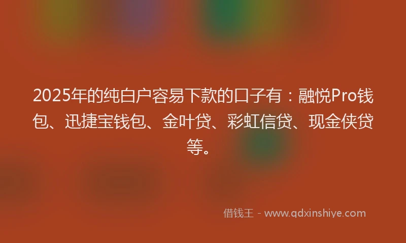2025年的纯白户容易下款的口子有：融悦Pro钱包、迅捷宝钱包、金叶贷、彩虹信贷、现金侠贷等。