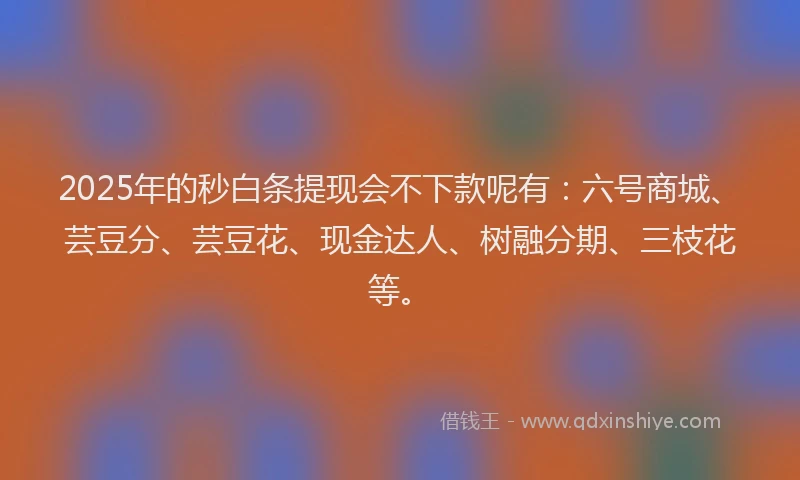 2025年的秒白条提现会不下款呢有：六号商城、芸豆分、芸豆花、现金达人、树融分期、三枝花等。
