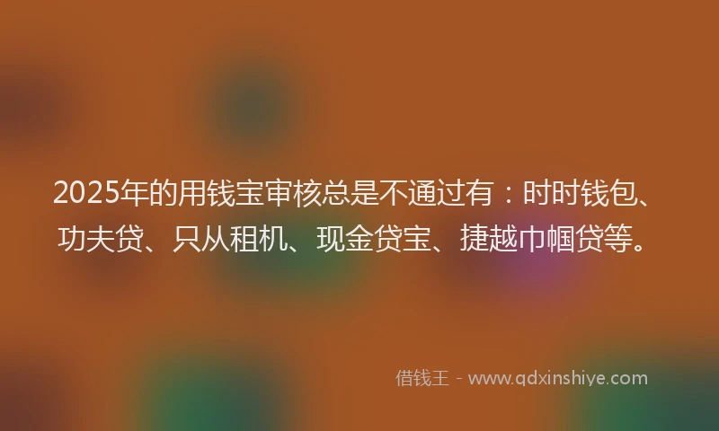 2025年的用钱宝审核总是不通过有：时时钱包、功夫贷、只从租机、现金贷宝、捷越巾帼贷等。