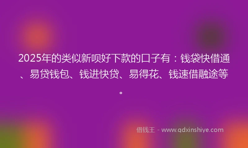 2025年的类似新呗好下款的口子有：钱袋快借通、易贷钱包、钱进快贷、易得花、钱速借融途等。