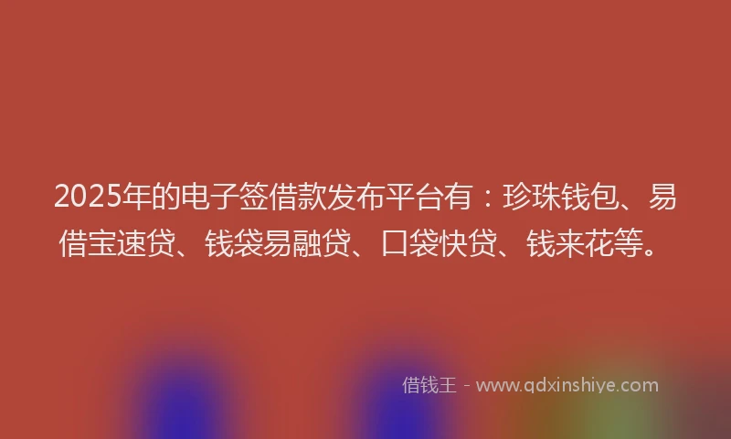 2025年的电子签借款发布平台有：珍珠钱包、易借宝速贷、钱袋易融贷、口袋快贷、钱来花等。