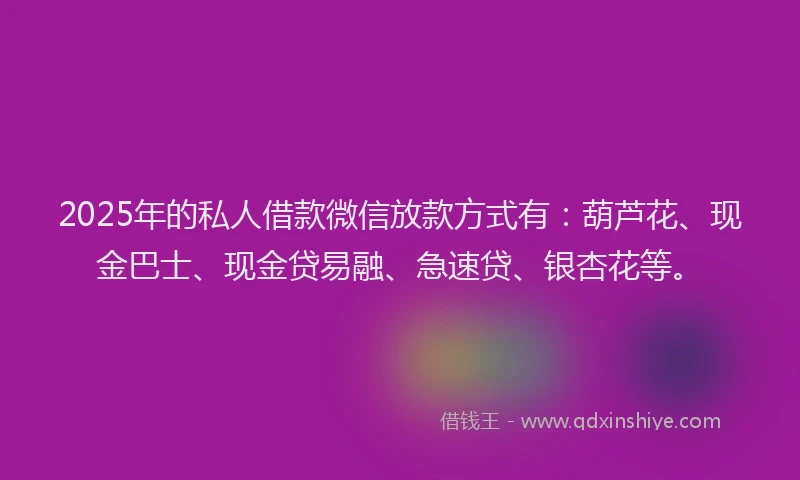 2025年的私人借款微信放款方式有：葫芦花、现金巴士、现金贷易融、急速贷、银杏花等。