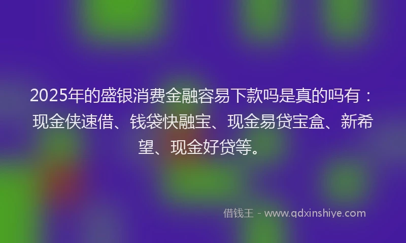 2025年的盛银消费金融容易下款吗是真的吗有：现金侠速借、钱袋快融宝、现金易贷宝盒、新希望、现金好贷等。