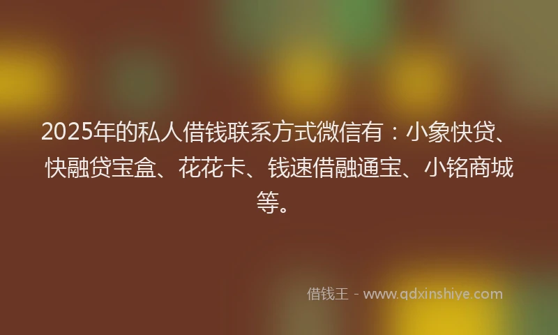 2025年的私人借钱联系方式微信有：小象快贷、快融贷宝盒、花花卡、钱速借融通宝、小铭商城等。