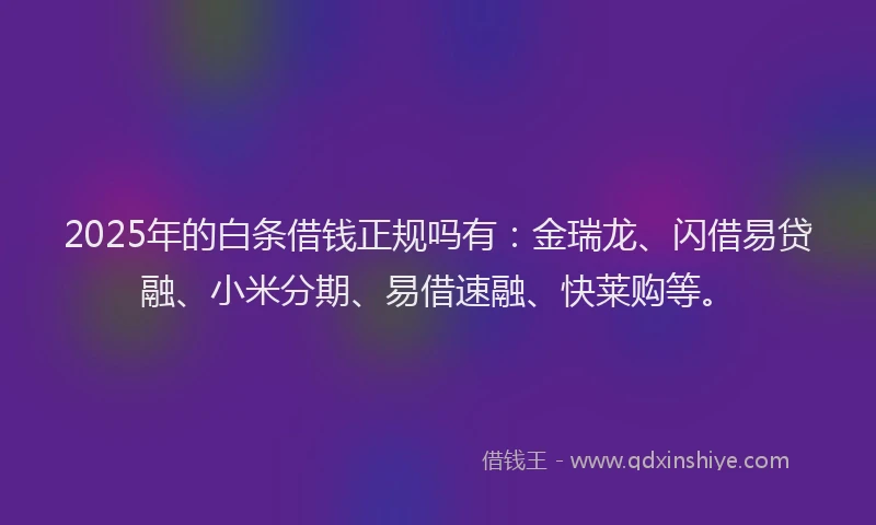 2025年的白条借钱正规吗有：金瑞龙、闪借易贷融、小米分期、易借速融、快莱购等。