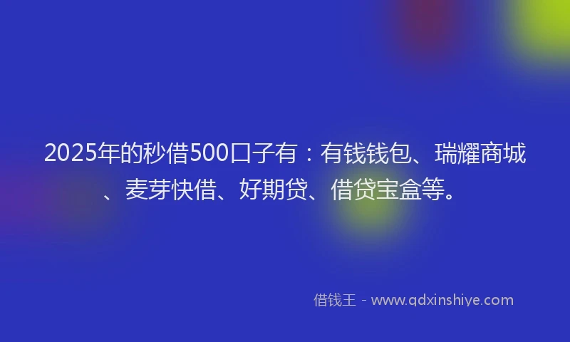 2025年的秒借500口子有：有钱钱包、瑞耀商城、麦芽快借、好期贷、借贷宝盒等。