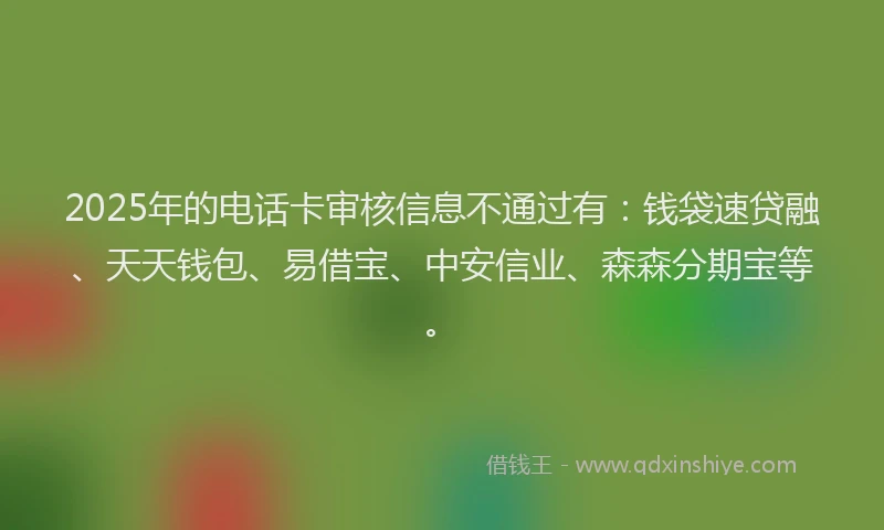 2025年的电话卡审核信息不通过有：钱袋速贷融、天天钱包、易借宝、中安信业、森森分期宝等。