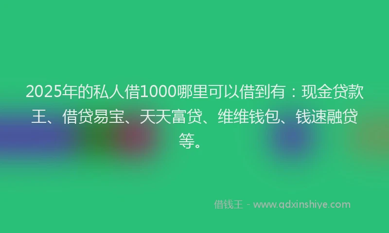 2025年的私人借1000哪里可以借到有：现金贷款王、借贷易宝、天天富贷、维维钱包、钱速融贷等。