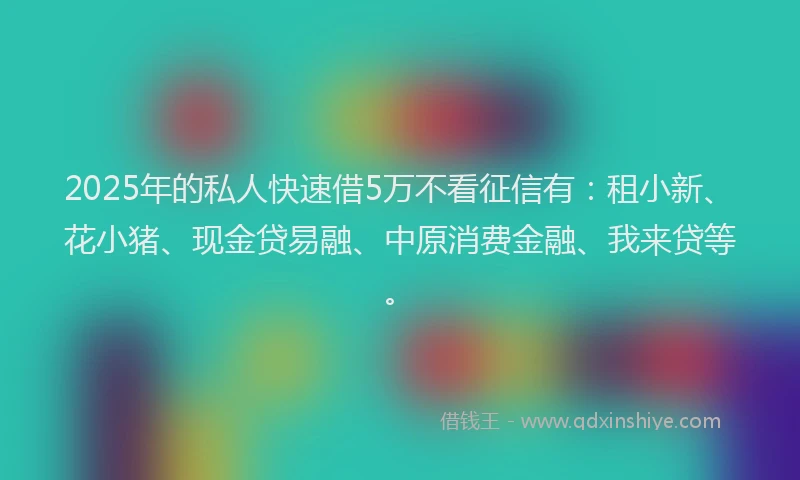 2025年的私人快速借5万不看征信有：租小新、花小猪、现金贷易融、中原消费金融、我来贷等。