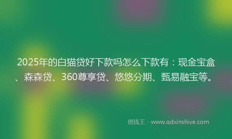 2025年的白猫贷好下款吗怎么下款有：现金宝盒、森森贷、360尊享贷、悠悠分期、甄易融宝等。