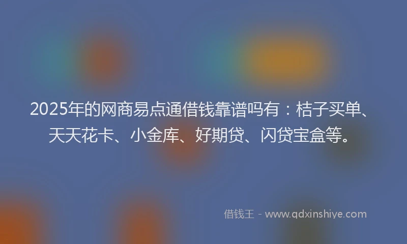 2025年的网商易点通借钱靠谱吗有：桔子买单、天天花卡、小金库、好期贷、闪贷宝盒等。