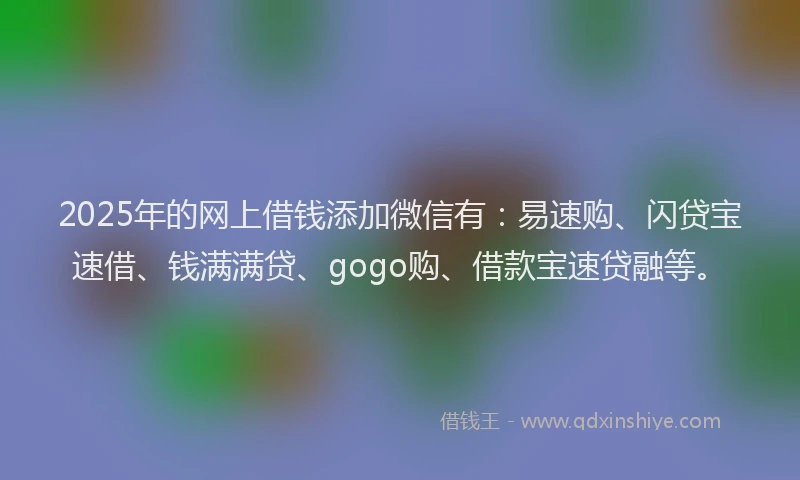 2025年的网上借钱添加微信有：易速购、闪贷宝速借、钱满满贷、gogo购、借款宝速贷融等。