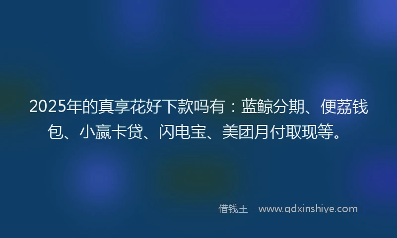 2025年的真享花好下款吗有：蓝鲸分期、便荔钱包、小赢卡贷、闪电宝、美团月付取现等。