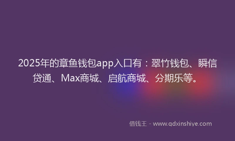 2025年的章鱼钱包app入口有：翠竹钱包、瞬信贷通、Max商城、启航商城、分期乐等。