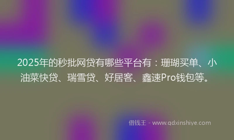 2025年的秒批网贷有哪些平台有：珊瑚买单、小油菜快贷、瑞雪贷、好居客、鑫速Pro钱包等。