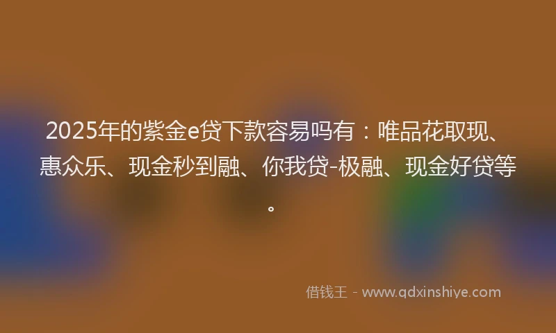 2025年的紫金e贷下款容易吗有：唯品花取现、惠众乐、现金秒到融、你我贷-极融、现金好贷等。
