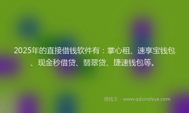 2025年的直接借钱软件有：掌心租、速享宝钱包、现金秒借贷、翡翠贷、捷速钱包等。