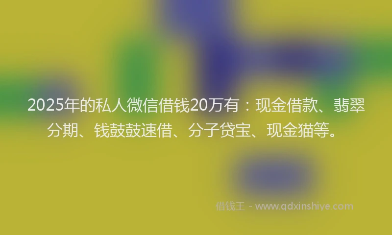 2025年的私人微信借钱20万有：现金借款、翡翠分期、钱鼓鼓速借、分子贷宝、现金猫等。
