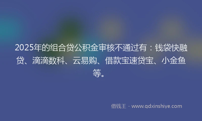 2025年的组合贷公积金审核不通过有：钱袋快融贷、滴滴数科、云易购、借款宝速贷宝、小金鱼等。