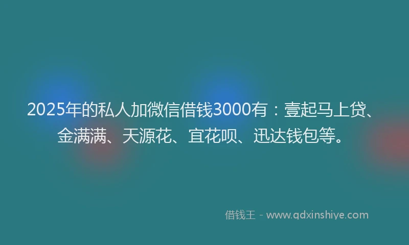2025年的私人加微信借钱3000有：壹起马上贷、金满满、天源花、宜花呗、迅达钱包等。