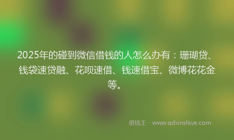 2025年的碰到微信借钱的人怎么办有：珊瑚贷、钱袋速贷融、花呗速借、钱速借宝、微博花花金等。