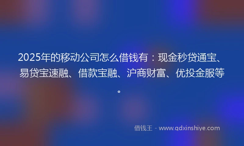 2025年的移动公司怎么借钱有：现金秒贷通宝、易贷宝速融、借款宝融、沪商财富、优投金服等。