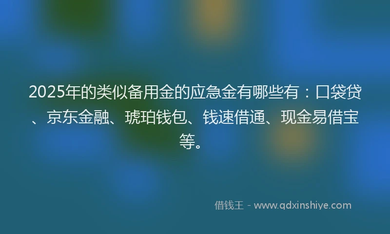 2025年的类似备用金的应急金有哪些有：口袋贷、京东金融、琥珀钱包、钱速借通、现金易借宝等。